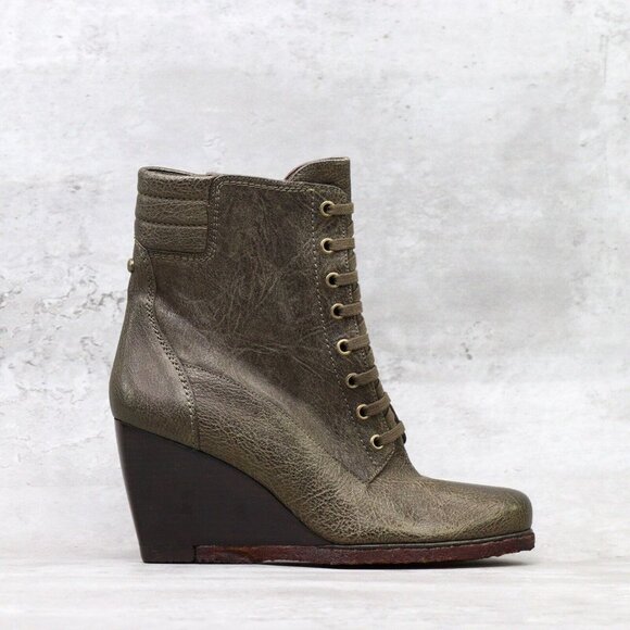 Stuart Weitzman Woodstock Wedge‎ Womens Size 8.5M Olive Zip Platform Wedge Boots - Picture 1 of 14